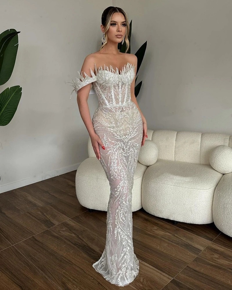 Stylish Sexy Wedding Dresses Sequins One Shoulder Bride Gown See Through Mermaid Bridal Dress Illusion Customized Vestidos De Novia