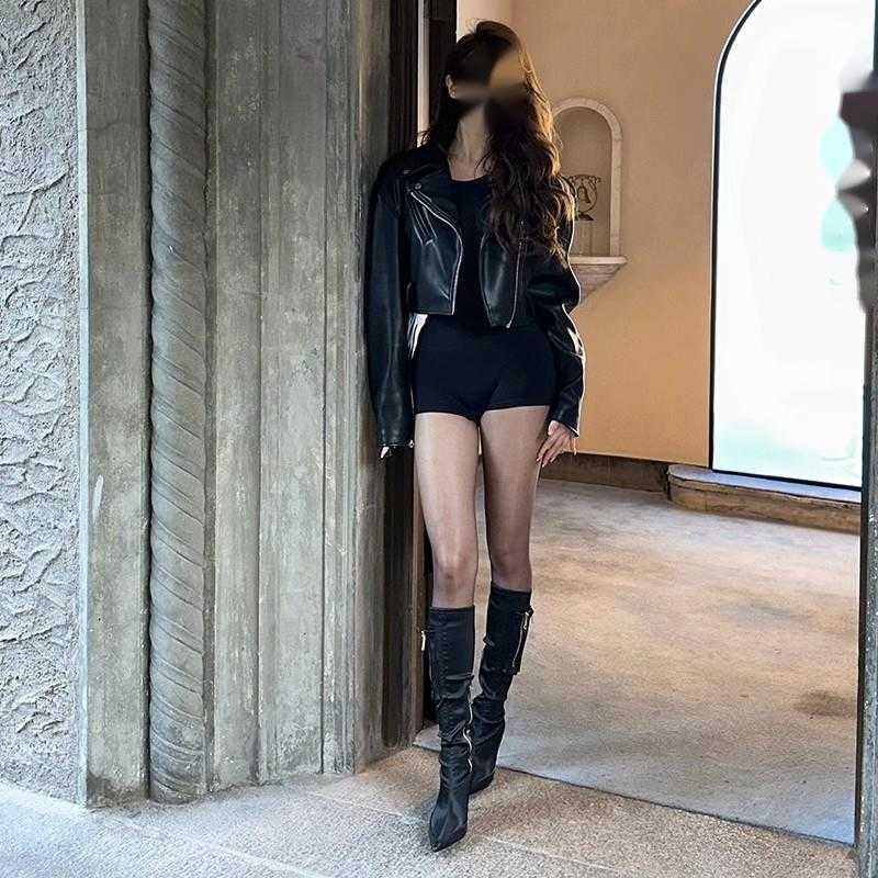 CMM New Pointed Metal Zipper High Heeled Boots Thin Heels Black Elastic and Slimming Spicy Girl Long Boots