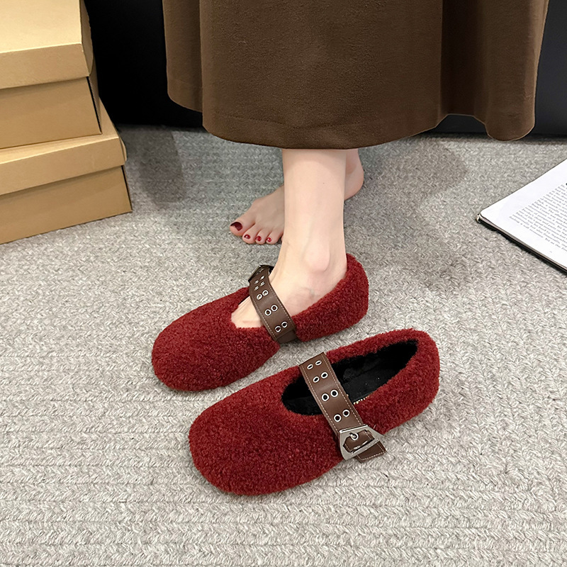 2024 Autumn/Winter New Lamb Wool Bean Women's Shoes with Velvet Warm Flat Fury Shoes Fashion Strap Single Shoes for Women