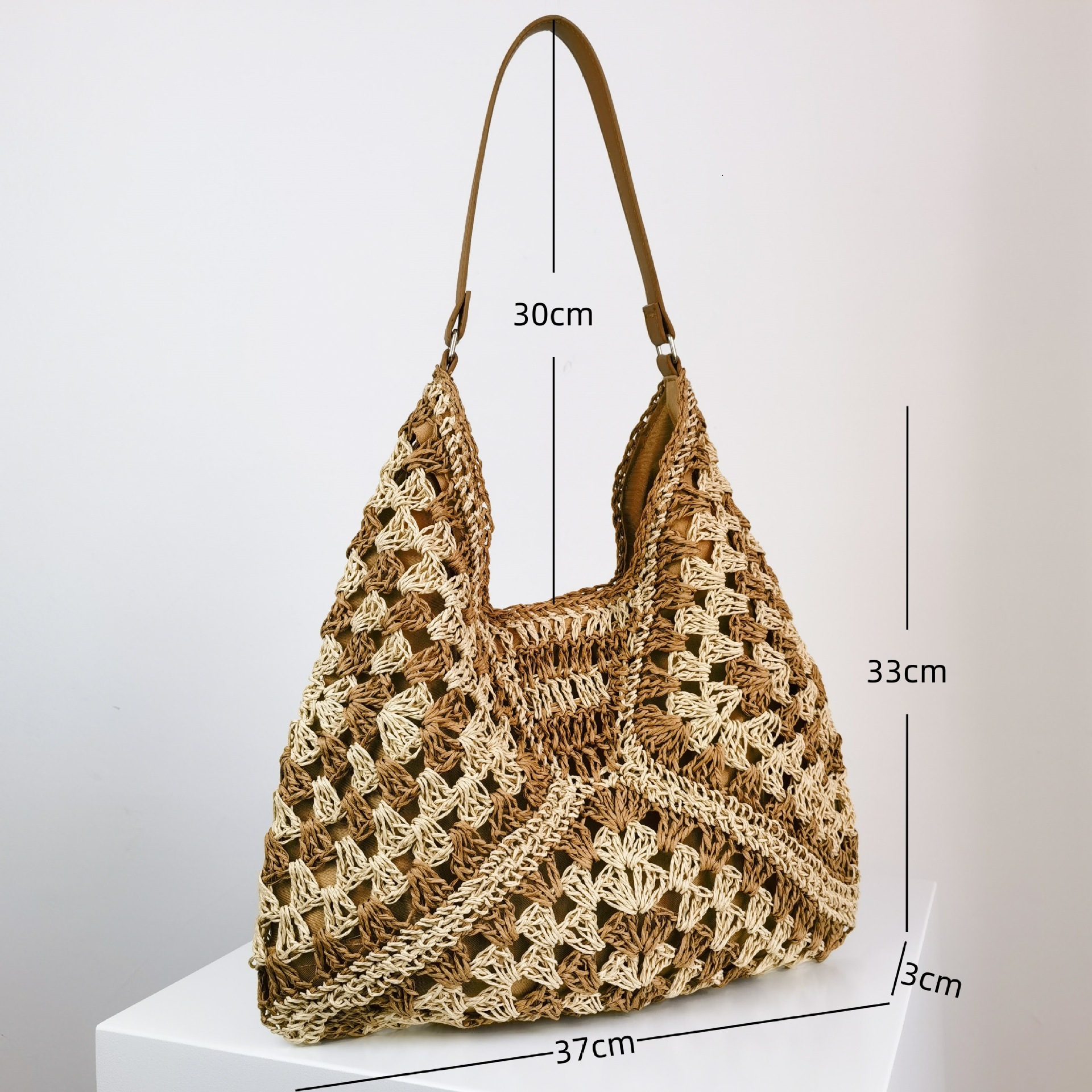New Handmade Grass Woven Hollowed Out Square Flower Triangle Designer Contrasting Color Knitted Single Shoulder Handbag