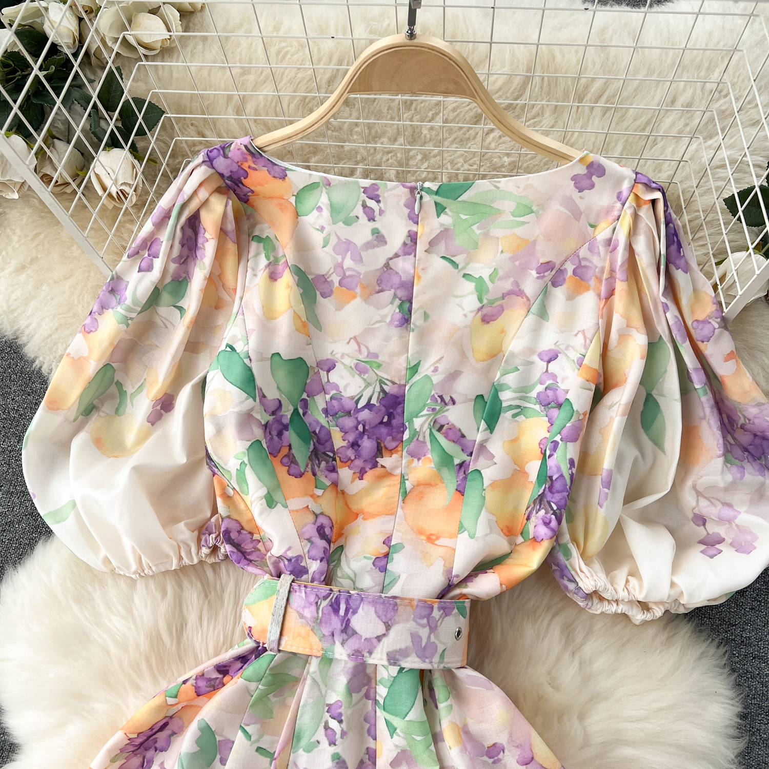 Dresses Fashion Summer Holiday Ral Print Robe Dress Short Puff Sleeve V-Neck A-E Belt Beach Party Vestidos Women En Maxi Clothes