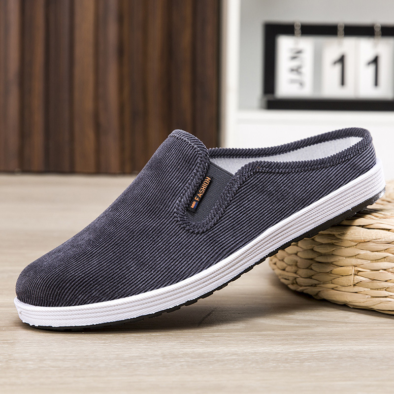 Summer cloth slippers, casual, breathable, versatile board shoes, one foot pedal, no heel, half drag, anti slip men's shoes