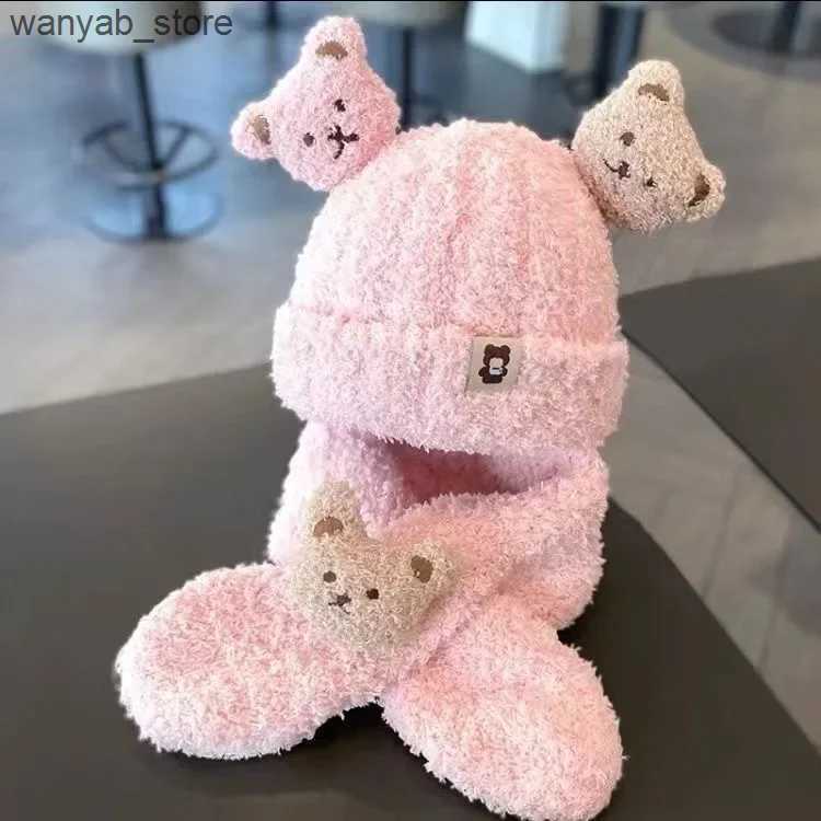 Wide Brim Hats Bucket Hats Winter Warm Baby Hat Bears Style Cute Ear Protection Knitted Hat with Velvet Warmth Scarf Set L240910