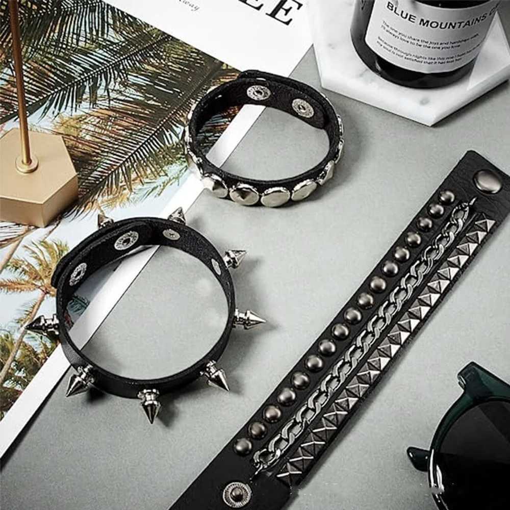 New 3-Piece/Set Black Gothic Emoji Boho Bracelet Mens Wenpunk Gothic Spike Rivet PU Leather Bracelet Party Jewelry Gift X241106