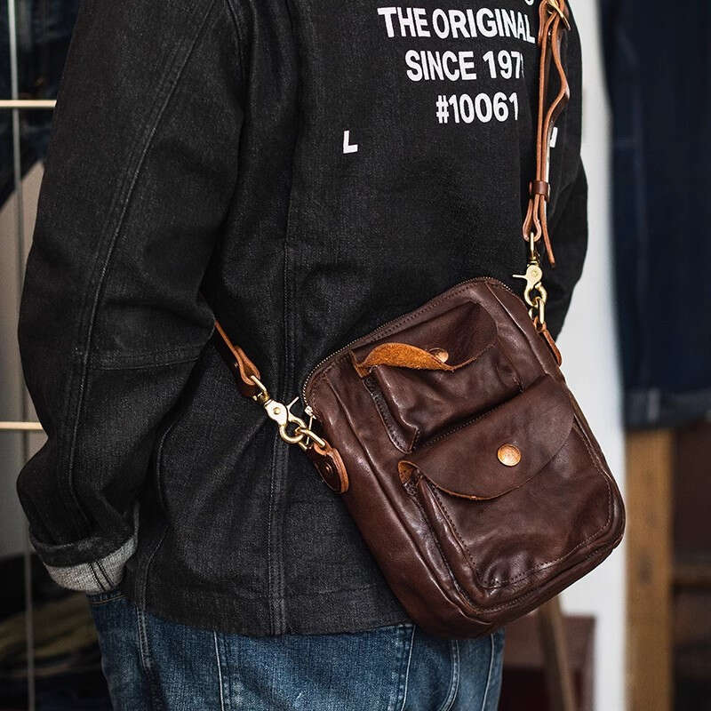 Organizers Designers Handmade Genuine Leather Men's Messenger Leisure Retro Real Cowhide Multi-Pocket Shoulder Bag