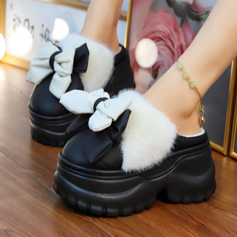 High Heels 7.5cm Bow Slippers Home Women's 2025 Designer New Autumn/winter Warm Thick Bottom Plush Slippers Women's Platform Waterproof Slip