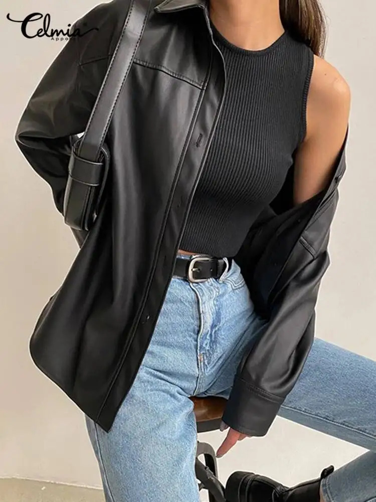 Celmia Women PU Leather Jackets Autumn Long Sleeve Lapel Outerwear Casual Street Overshirts Fashion Faux Leather Black Tops 241106