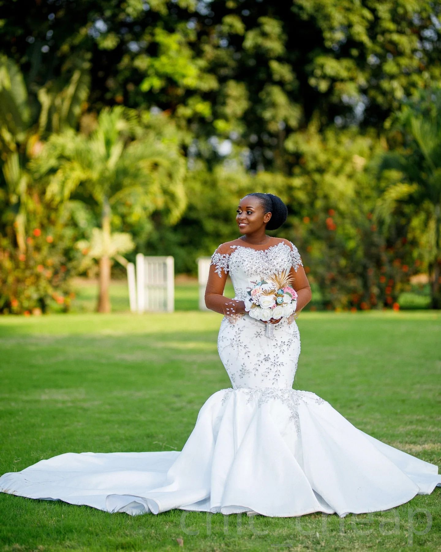 2024 Arabic Aso Ebi Plus Size White Mermaid Wedding Dresses Rhinestones Lace Full Sleeves Detachable Train Luxurious Bridal Gowns Dress ZJ0249