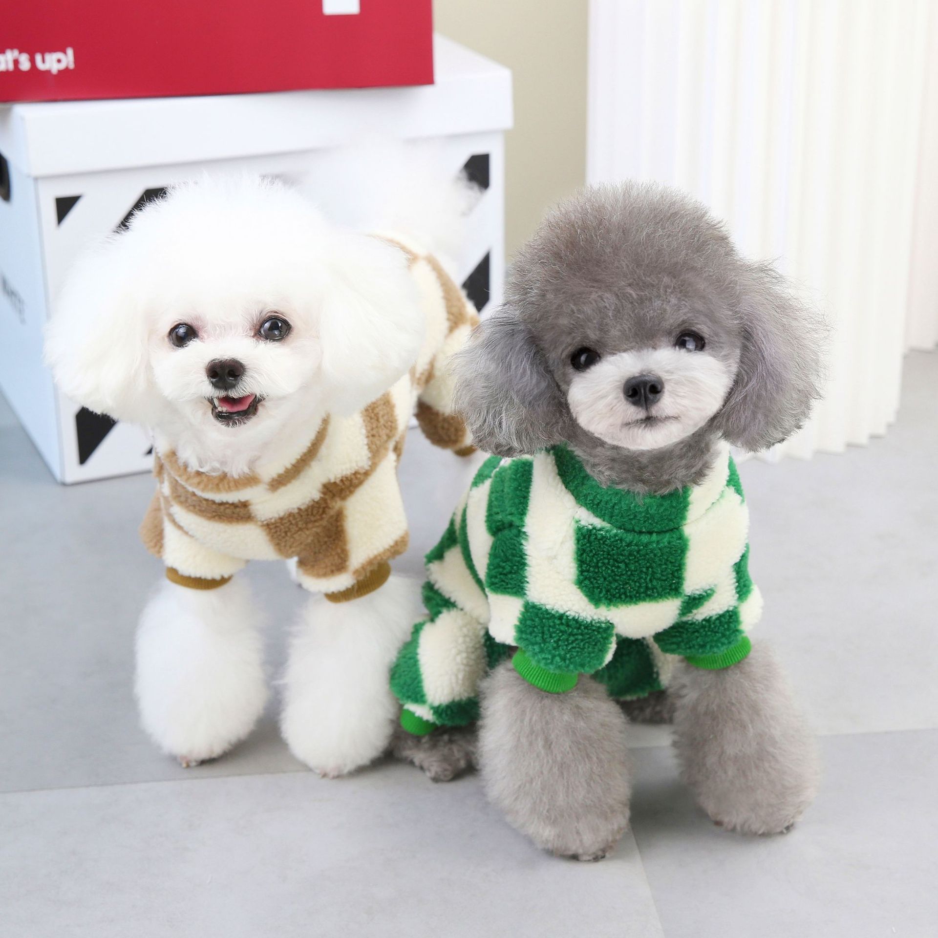 Top Selling Dog Clothes Matching With D Ring Dog Rompers Coral Fleece Pet Four legs Clothes Big Checkers