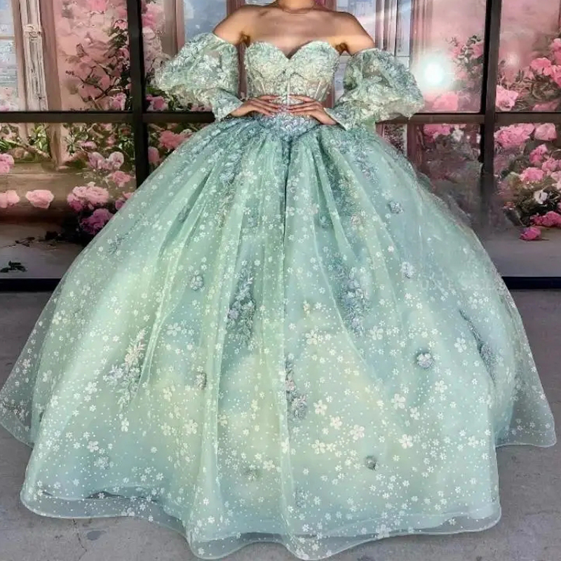 Mint Green Shiny Princess Ball Gown Quinceanera Dresses Off The Shoulder Sequin Applique Lace Beads Tull Sweet 16 Dress Vestido De 15 Anos