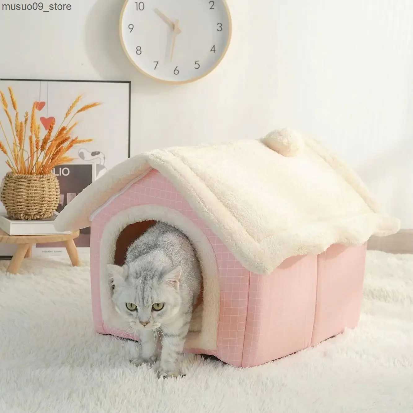 kennels pens Cat Supplies Soft Cat Bed House Deep Sleep Winter House Dog Cover Pet Tent Removable Mat L240910