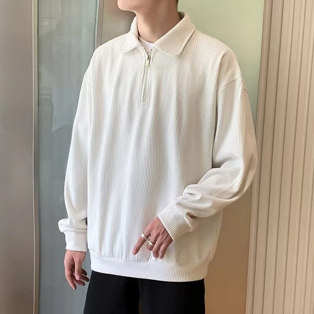 Polo T-Shirts For Men Fashion Versatile Casual Solid Color Sweater Jacket Zip Long Sleeved Loose Fitting Shirt Autumn 241106
