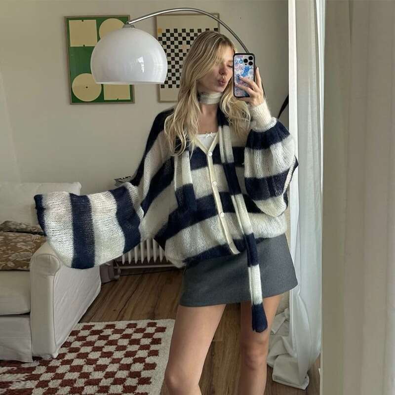 Talenza Women's Autumn V-Neck Scarf Knitted Loose Warm Casual Single-Breasted Striped Cardigan Sweater