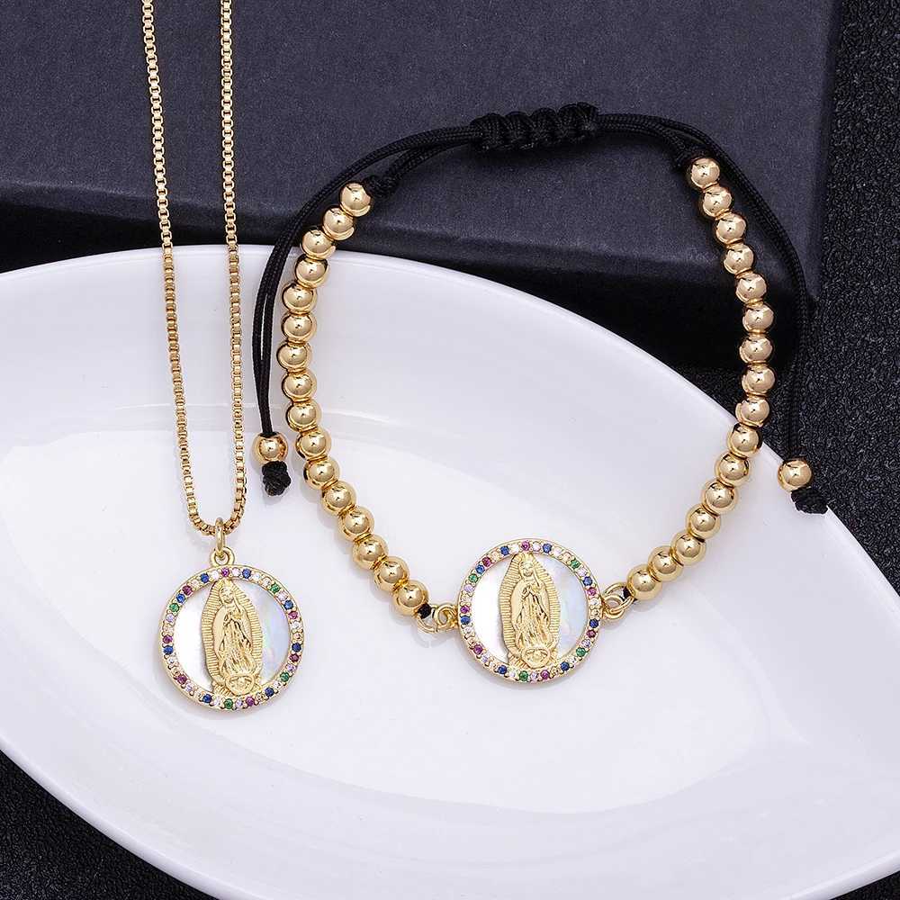 Nidin New Fashion Color Zircon Virgin Mary Copper Charm Chain Necklace Bracelet Jewelry Set X241106