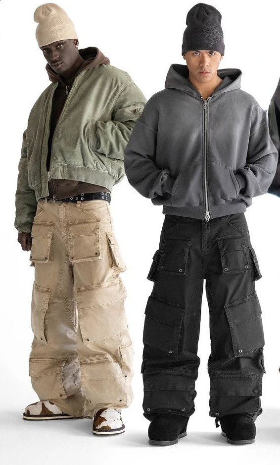 American Style Harajuku Retro Multipocket Overalls Mens Autumn Loose Straight Washed Cotton Trousers Y2K Hiphop 241104