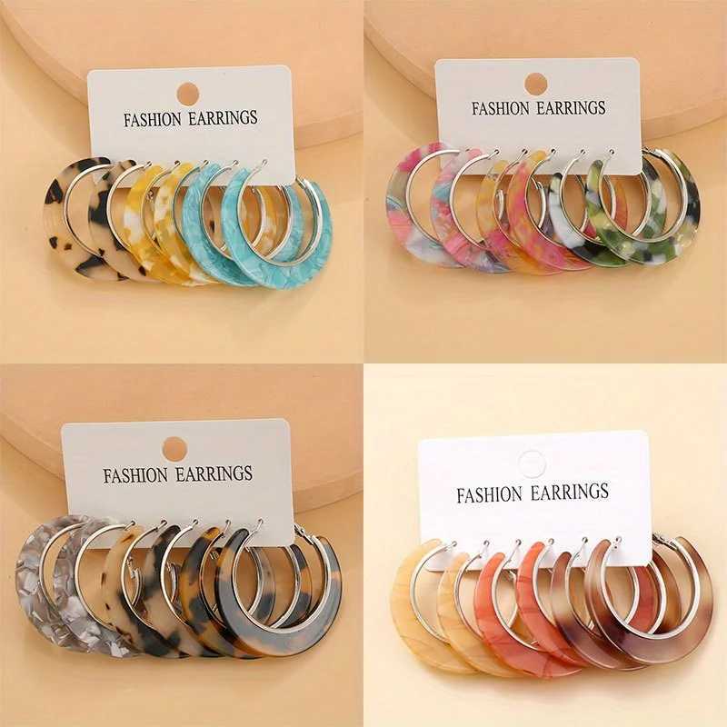 Acrylic earrings 3 pairs of patterned resin ring earrings C-shaped earrings indicating earring set fashionable jewelry X241106