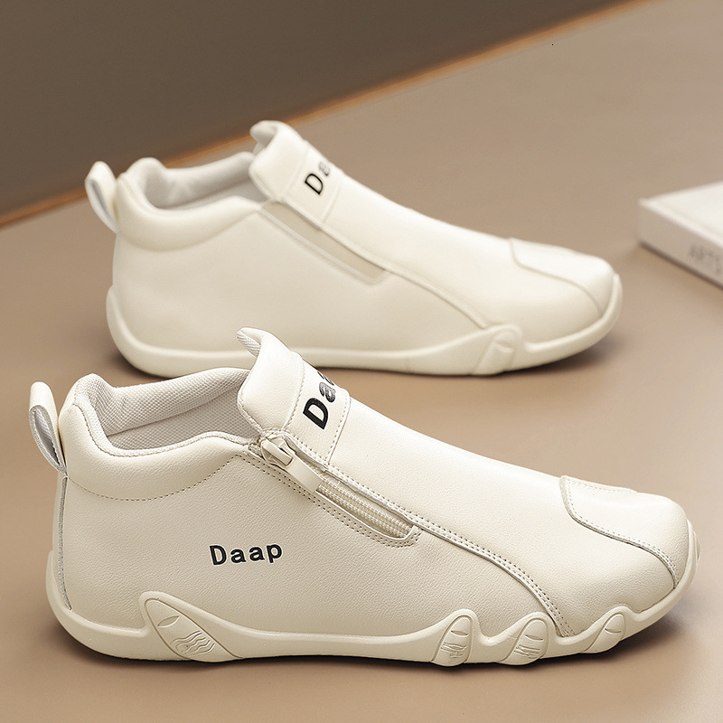 2024 Autumn New High Zipper Leather for Men's Casual One Step Korean Version Mid Top Labor Protection Work Board Shoes Trend