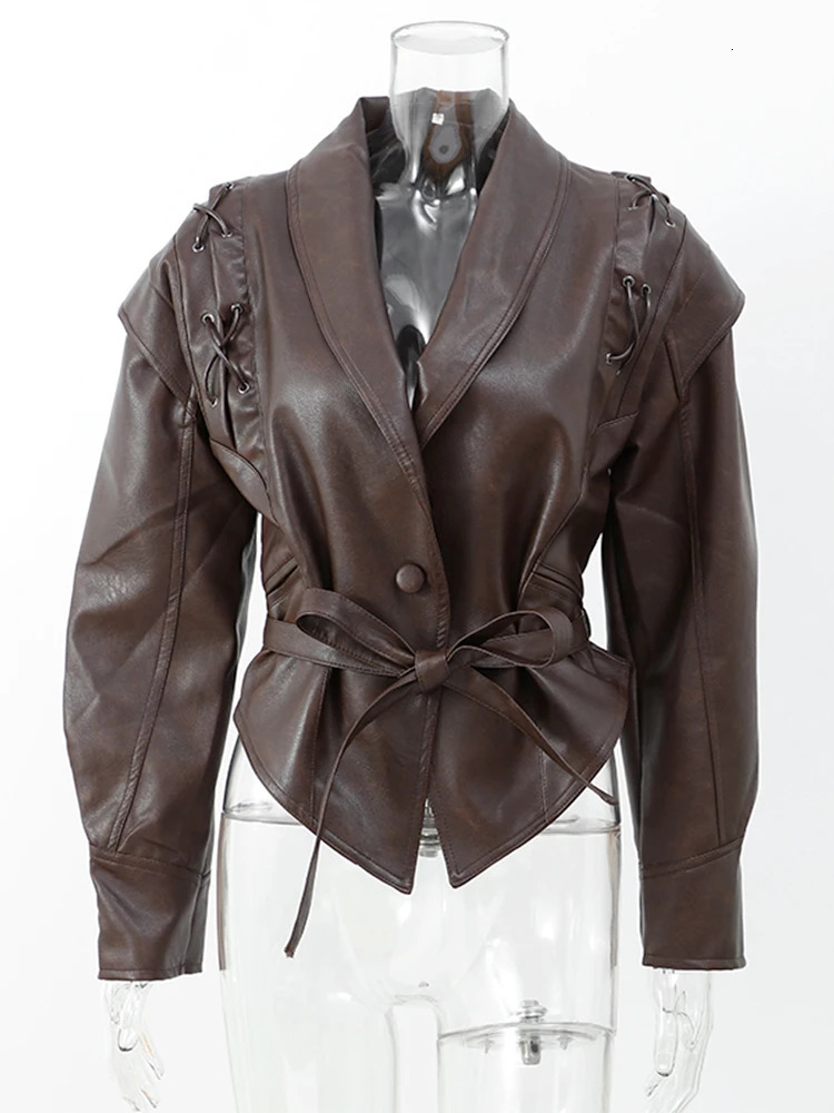 2024 Vintage Lapel Lace-up Leather Jackets Women Chic Solid Long Sleeves Pockets Short Coats Autumn Lady Fashion Streetwear 241106