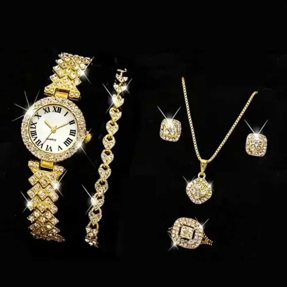 Luxury Fl Crystal 5-piece Watch Necklace Earrings Ring Set Rhinestone Watch Fem Bracelet Set Gift Reloj MUJI X241106