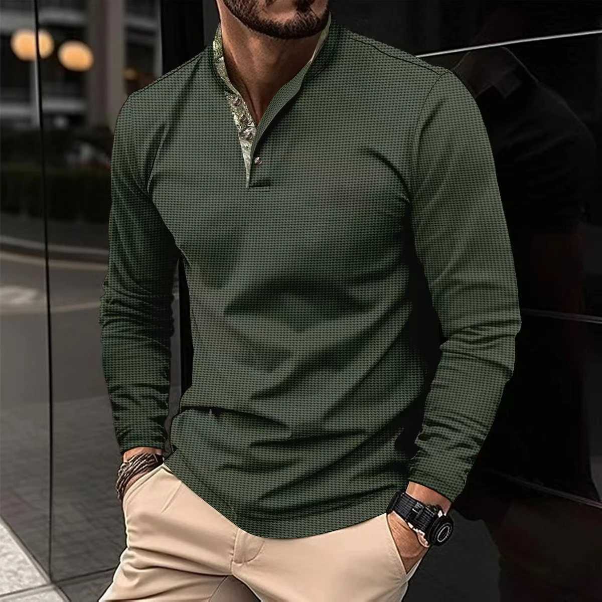 New casual mens spring and autumn chest sports long sleeved SVE collar T-shirt European long sleeved SVE shirt W241106