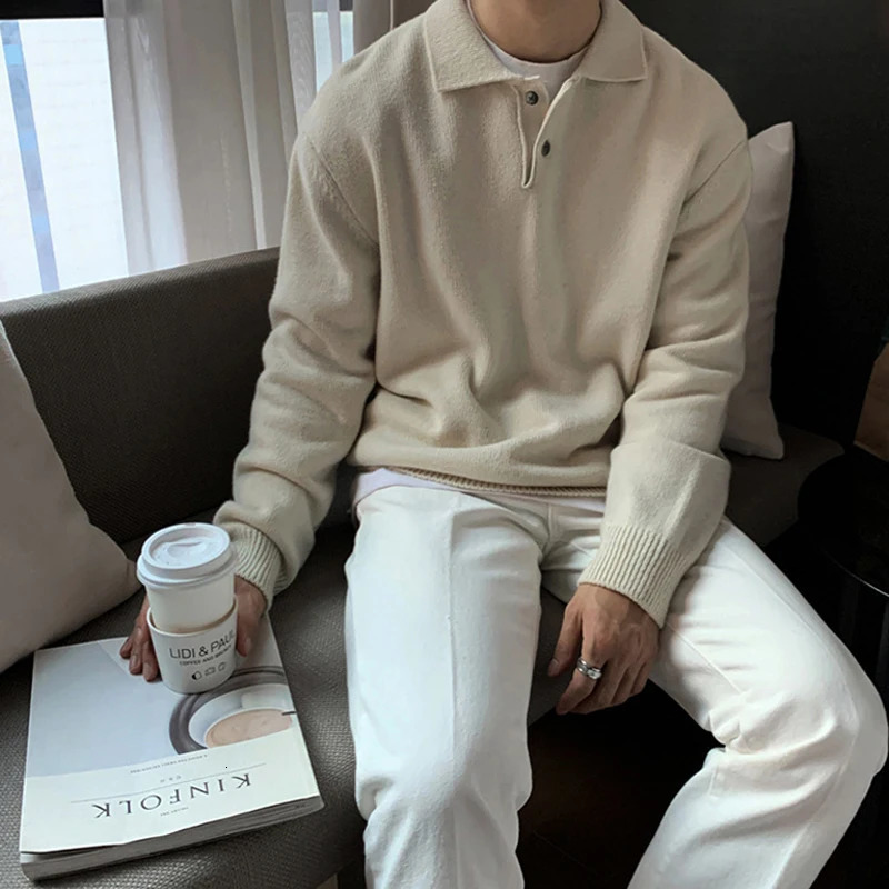 Fashion 2024 Button-up Knitted Polo Shirts Men Clothing Winter Solid Color Long Sleeve Sweater Casual Turn-down Collar Jumpers 241106