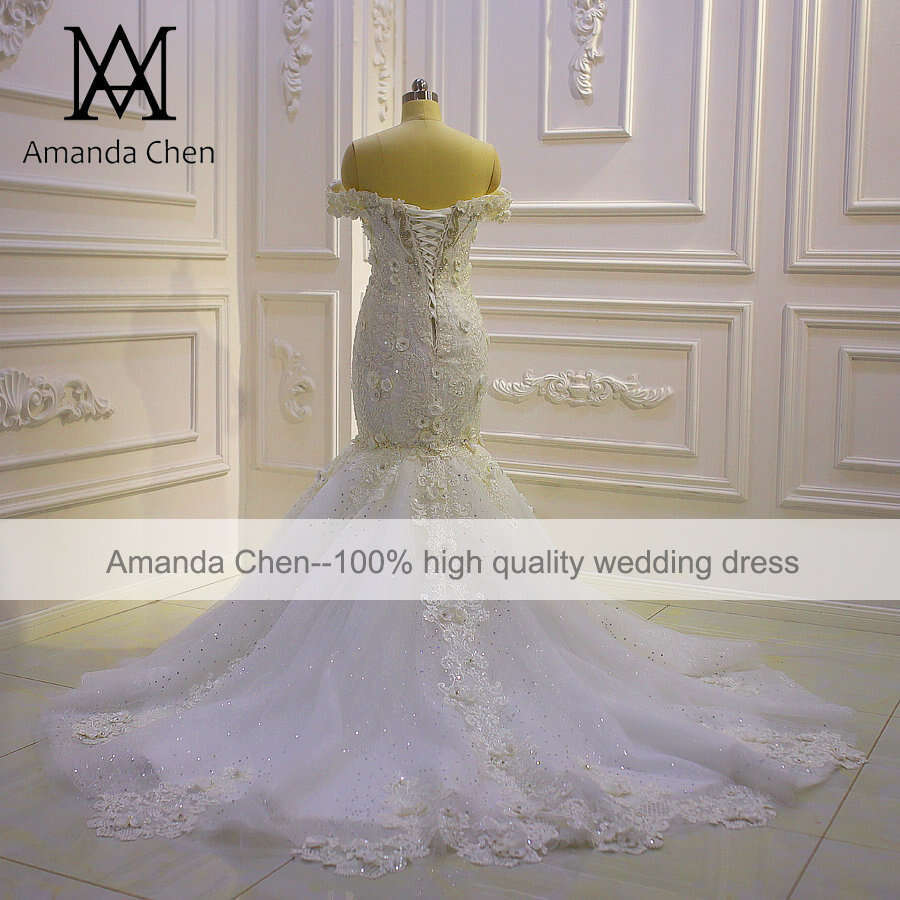 Off Shoulder Lace Applique Crystal 3D wers Fishtail Wedding Dress