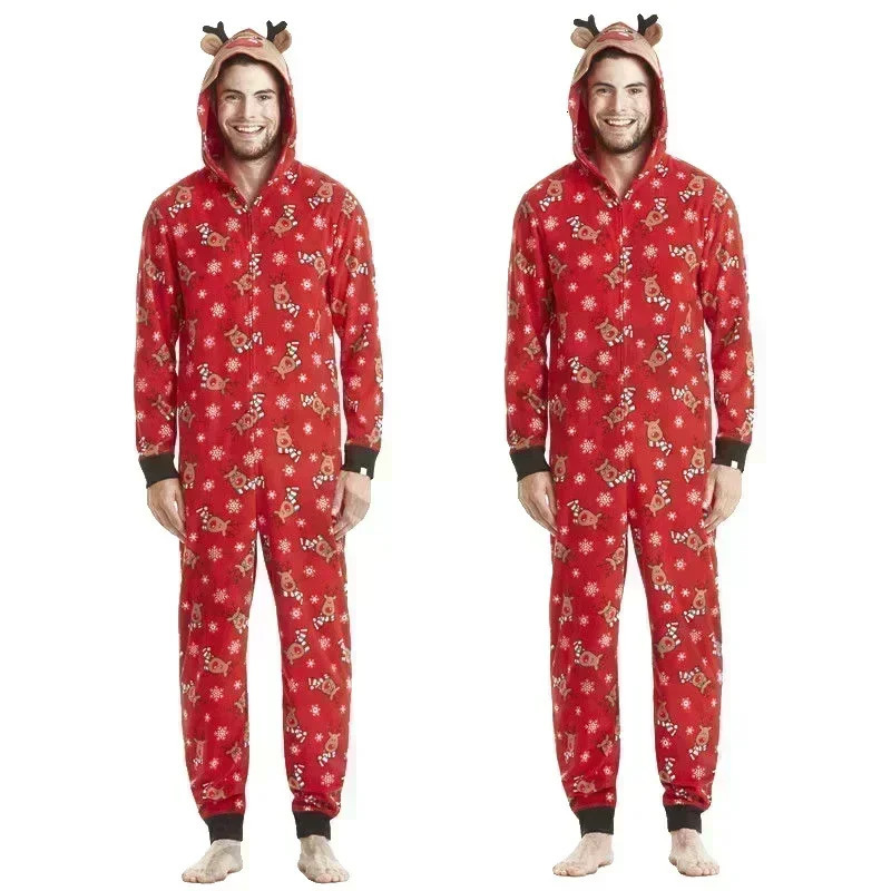 Christmas Matching Outfits for Family Elk Ear Hooded One-Piece Jumpsuit Romper Adults Kids Clothing Set Pajamas Xmas Look Pyjama 241106