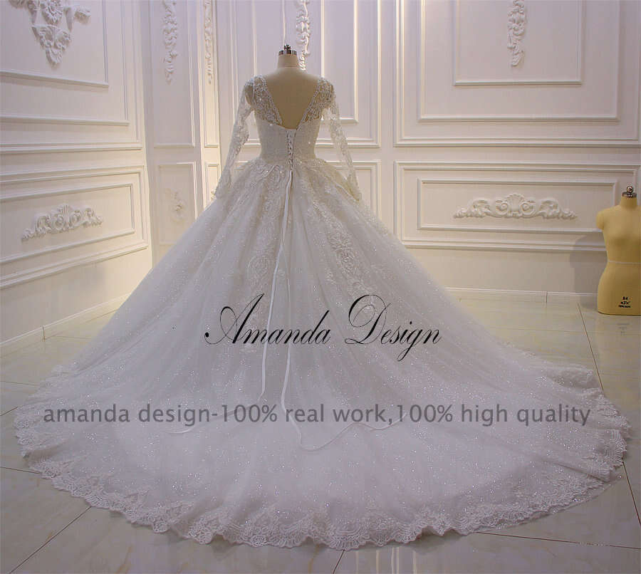 Amanda Design nikah elbisesi Long Sleeve Lace Appliques Shiny Wedding Dress