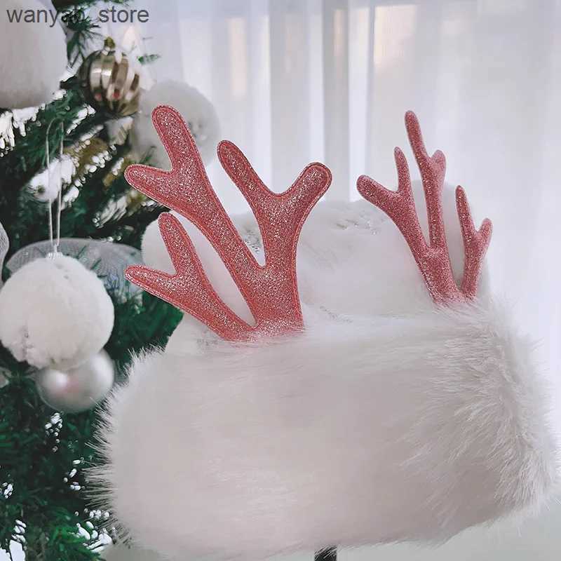 Wide Brim Hats Bucket Hats Plush Christmas Hats for Adults Glitter Snowflake Embroidered Santa Claus Hat with Antlers L240910