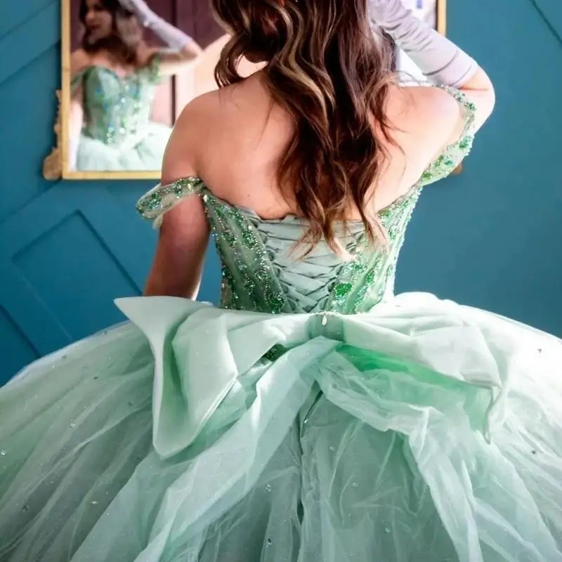 Mint Green Ball Gown Quinceanera Dresses Sweetheart Beads Crystal Tull Off the Shoulder Party Birthday Sweet 16 Vestido De 15 Anos
