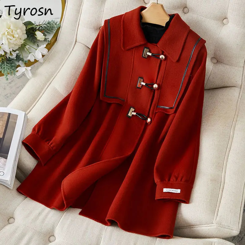 Women Wool Blends Coats Fashion Patchwork ned Puff Sleeve Elegant Lady Cashmere Clothes M4XL Mujer French Style Harajuku 241105