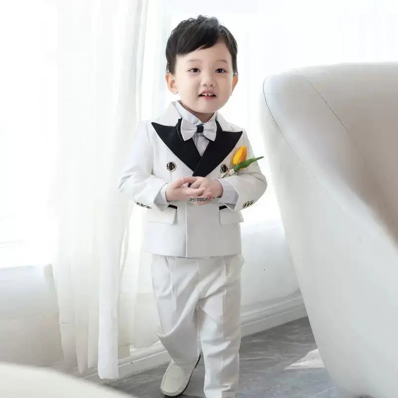 Children White Wedding Suit Prince Kids Jacket Pants Pograph Suit Flower Boys Tuxedo Dress Baby 1 Year Birthday Dress Costume 241106