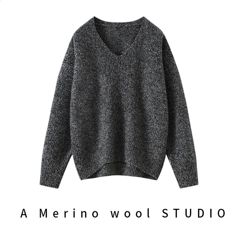 100 Merino Wool Womens Sweater AutumnWinter Knit Long Sleeve Pullover VNeck Loose Soft Fashion Flower Yarn Maillard Sweaters 241105
