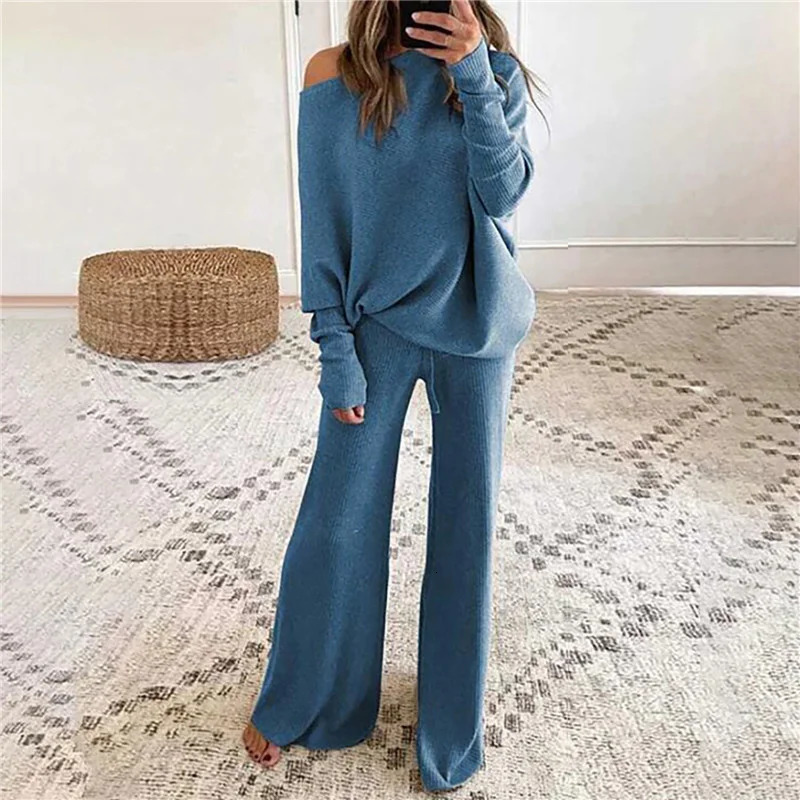 2pcs Autumn Winter Pant Suits Women Outfits Knitted Pullover off shoulder Top Wide Leg Pants Two-piece Set Women Tracksuits 241105