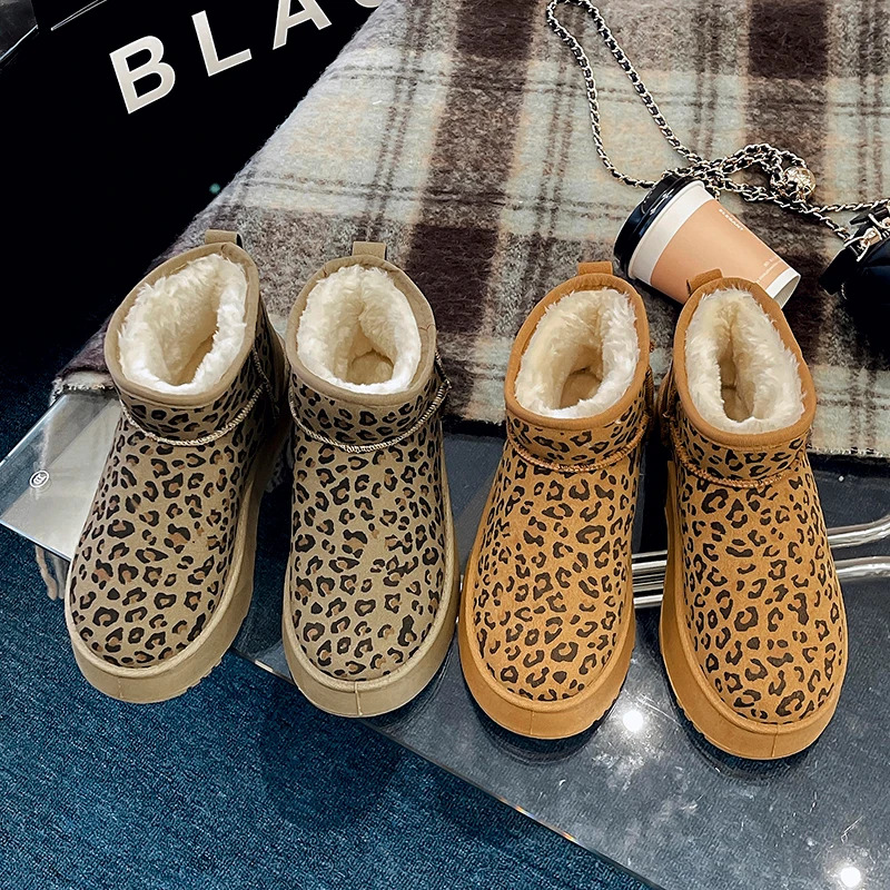 Platform Snow Ankle Boots Leopard Women Warm Cotton New Fashion Winter Casual Flats Shoes 2025 Trend Suede Plush Botas