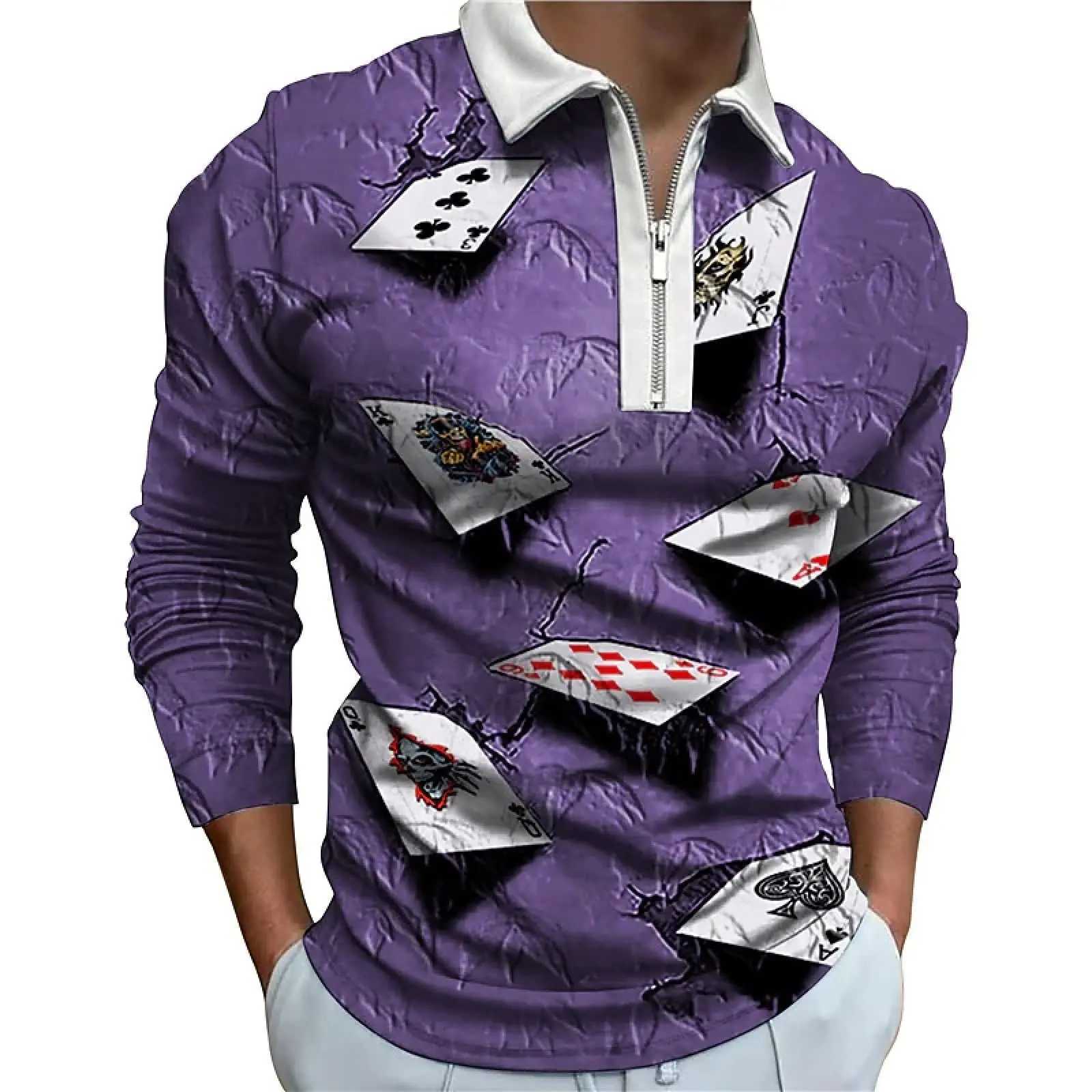 Shirt Mens Poker Card Pattern Printed Strt Harajuku Zipper T-shirt Mens Top Vent Length Sve Mens Clothing W241106