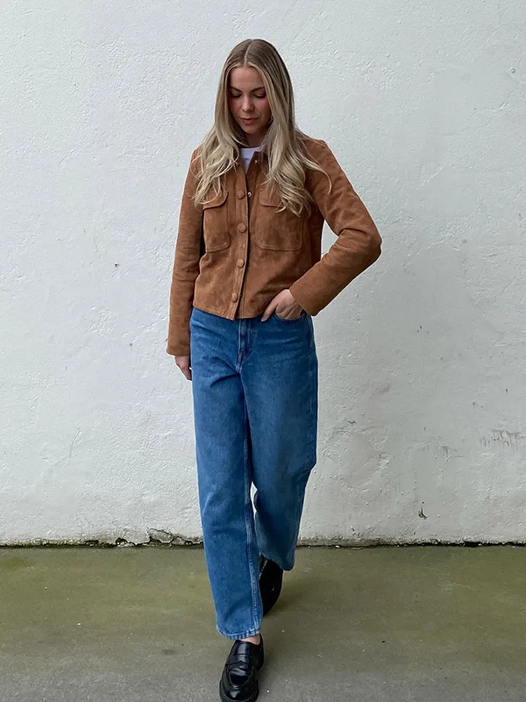 Fashion Brown Lapel Single Breasted Demi-season Jacket For Women Vintage Long Sleeves Suede Jackets 2024 Lady Casual Street Coat 241106