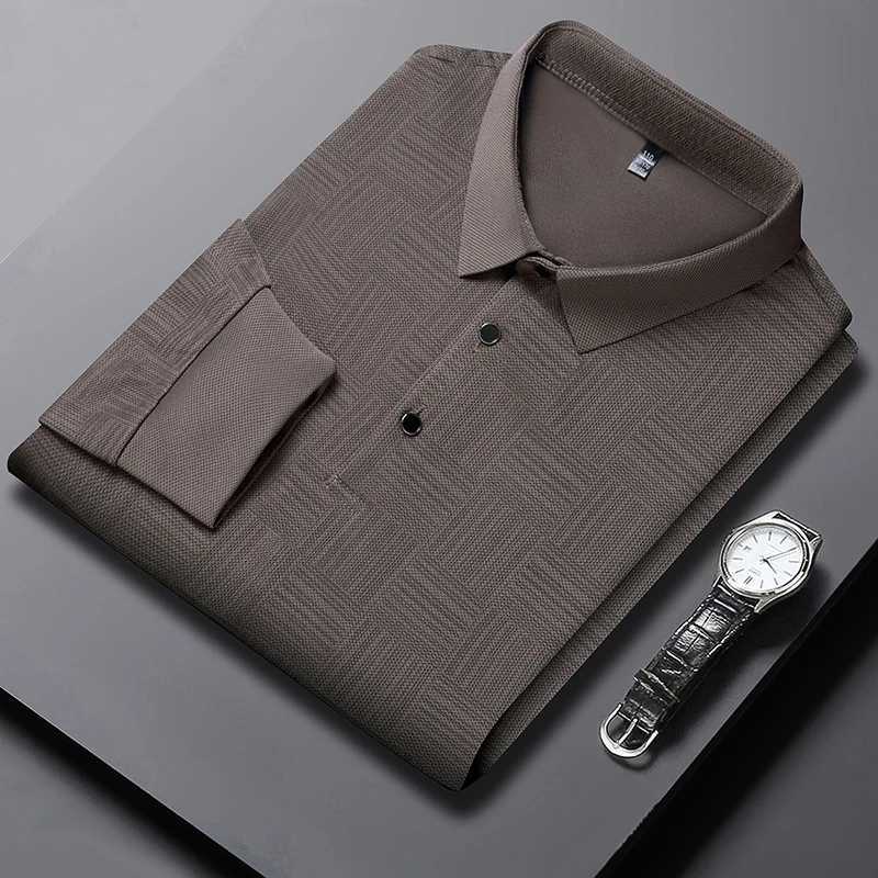 Mens high-end brand 2024 new spring and autumn striped printed long Sved seamless shirt anti wrinkle lapel T-shirt top W241106
