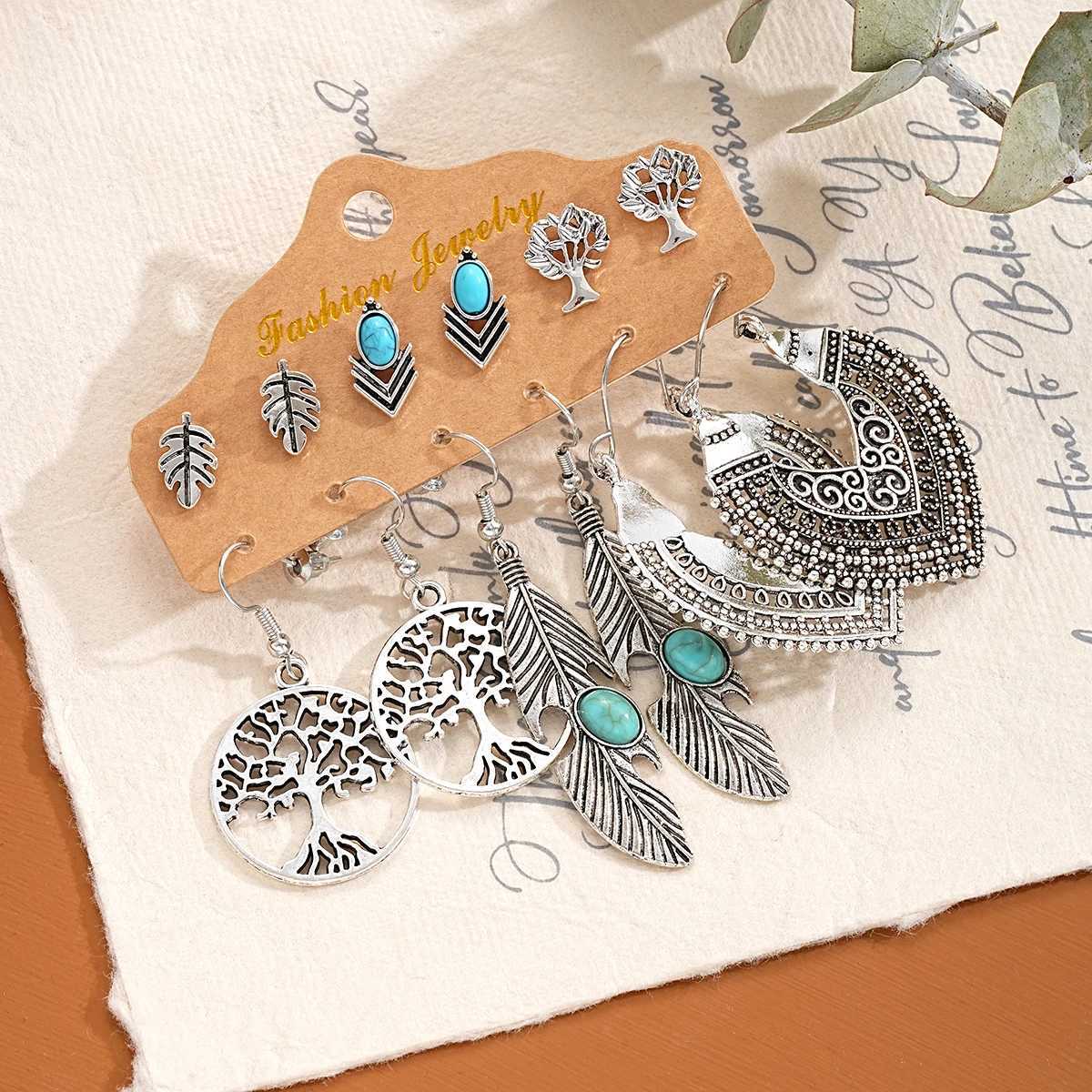 Antique Xizang silver earring set used for Wenzu feathers Geetric shell leaf shaped pendant earrings jewelry gifts X241106