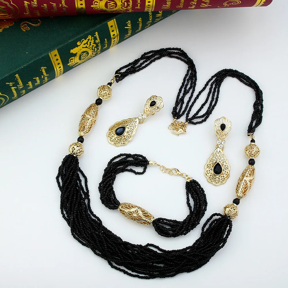 Sunspice Fashion Moroccan Handmade Bead Necklace Set Crystal Earrings Rope Bracelet Arab Women Bridal Bead Wedding Jewelry Set 241106