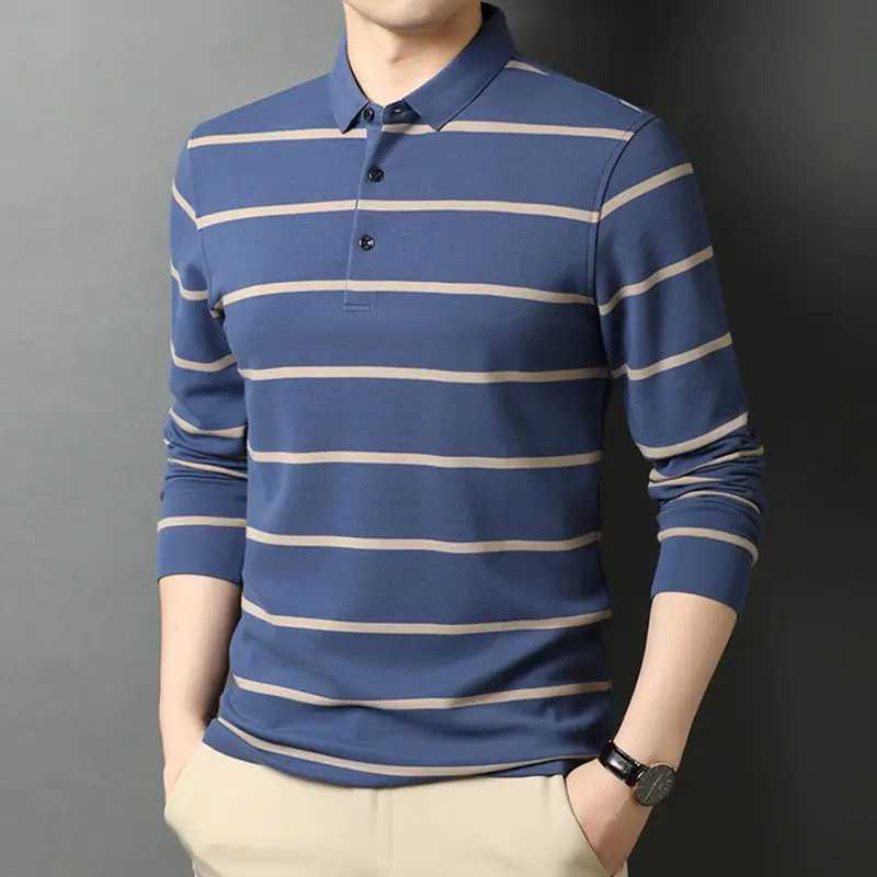 Fashion Mens Cotton Long Sv Shirt Spring and Autumn New Mens T-shirt Collar Basic Loose Casual Stripe Top 2022 W241106