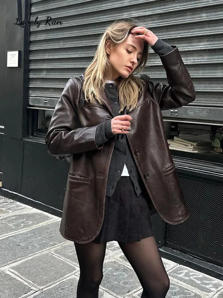 Street Lapel Leather Jacket Women Y2k Single Breasted Pockets Full Sleeve Female Coats 2024 Autumn Locomotive Lady Outwear 241106