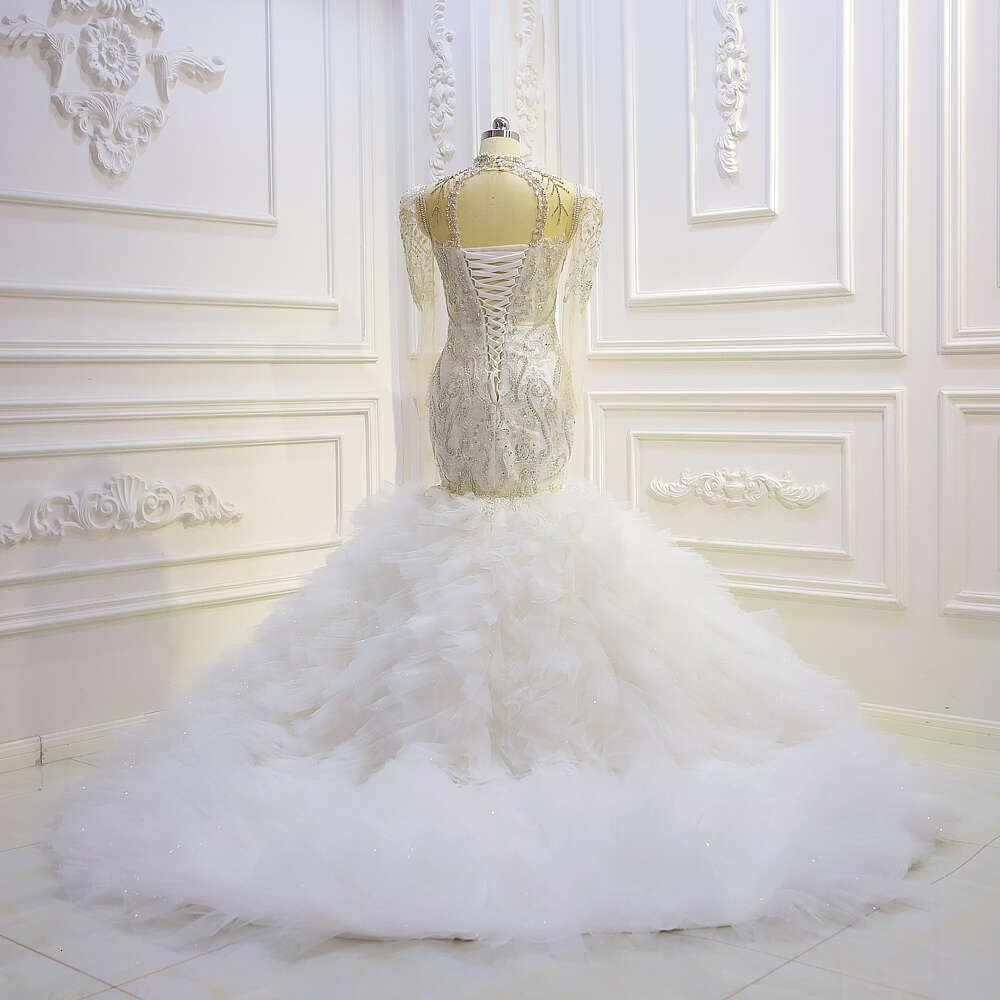 Heavy Beading High Neck Long Sleeve Ruffles Mermaid Wedding Dress