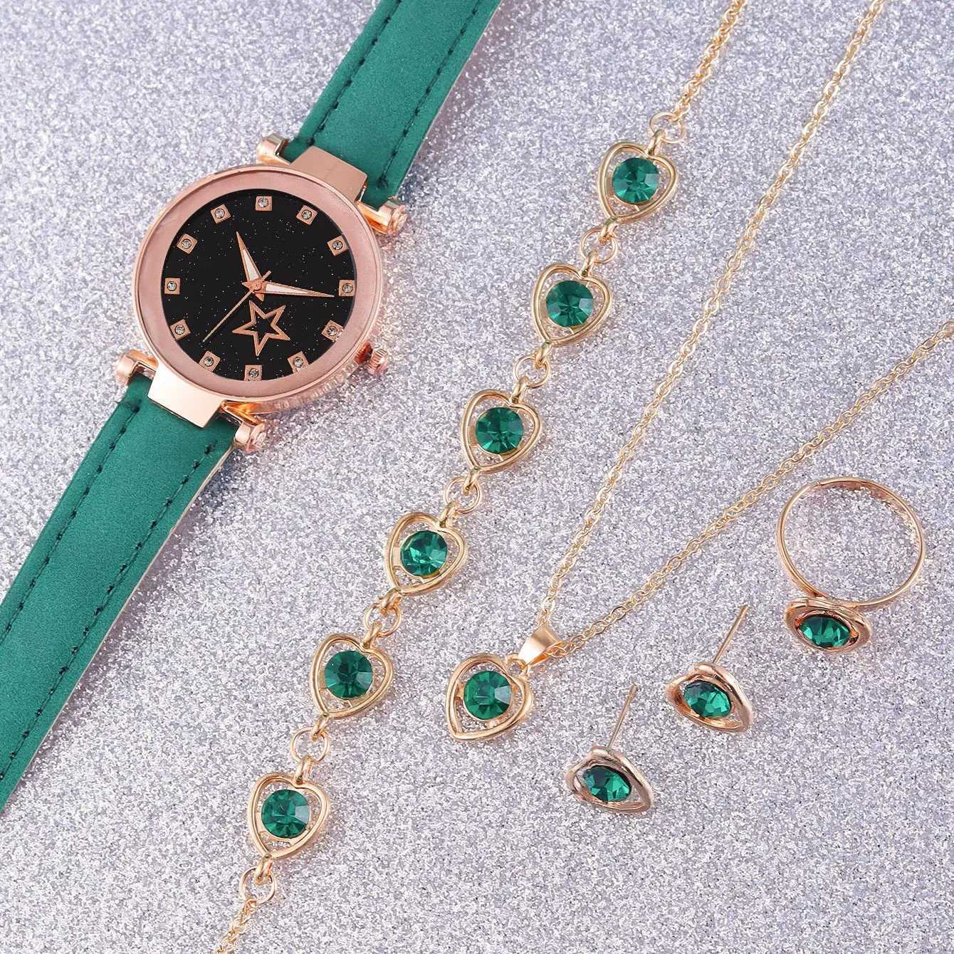 Luxury Quartz Watch Green Necklace Jewelry Set 6pcs Womens New Fashion Simple Designer Moon Star Digital Water Diamond Leather X241106