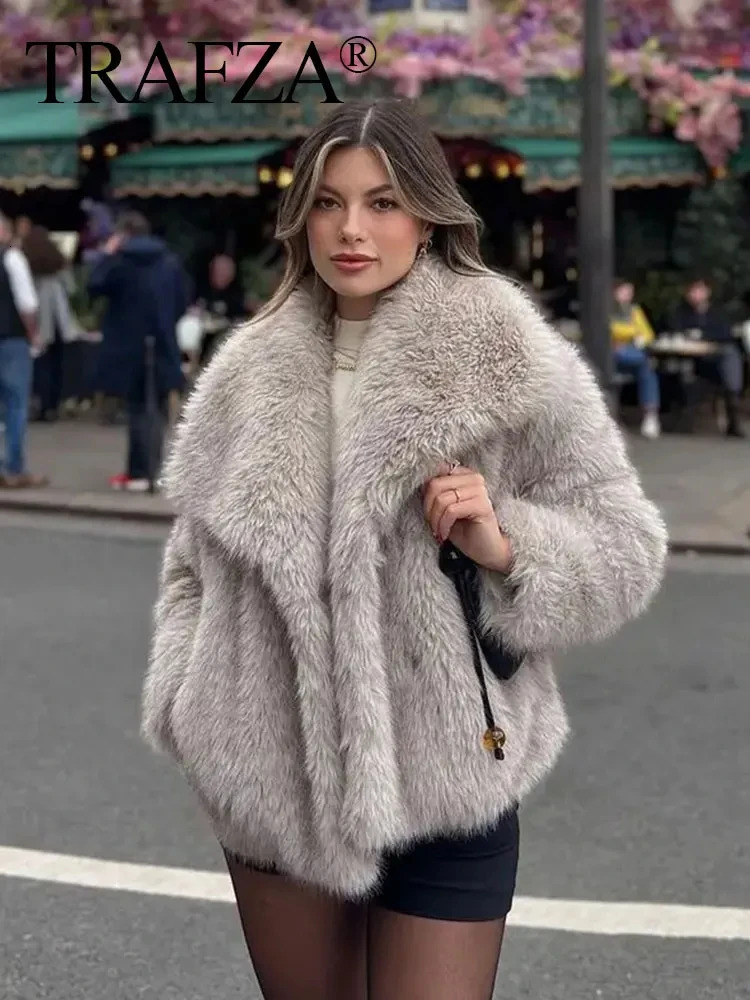 TRAFZA Women Fashion Faux Fur Jacket Vintage TurnDown Collar Long Sleeve Coat Autumn Winter Woman Elegant Streetwear 241104