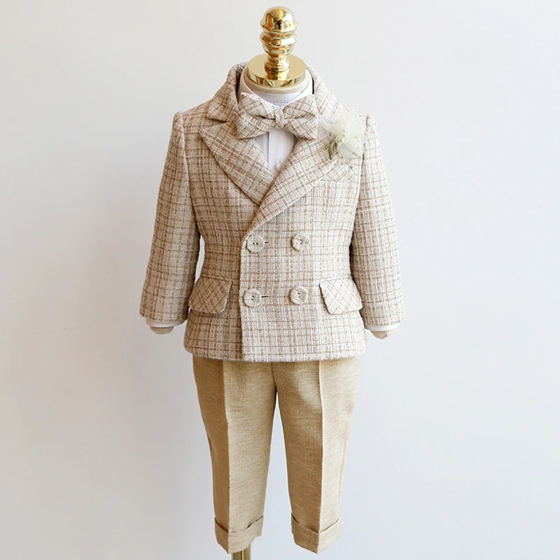Childrens Houndstooth Formal Suit Set Boys Wedding Birthday Party Champagne Costume Kids Double Breasted Blazer Pants Clothes 241106