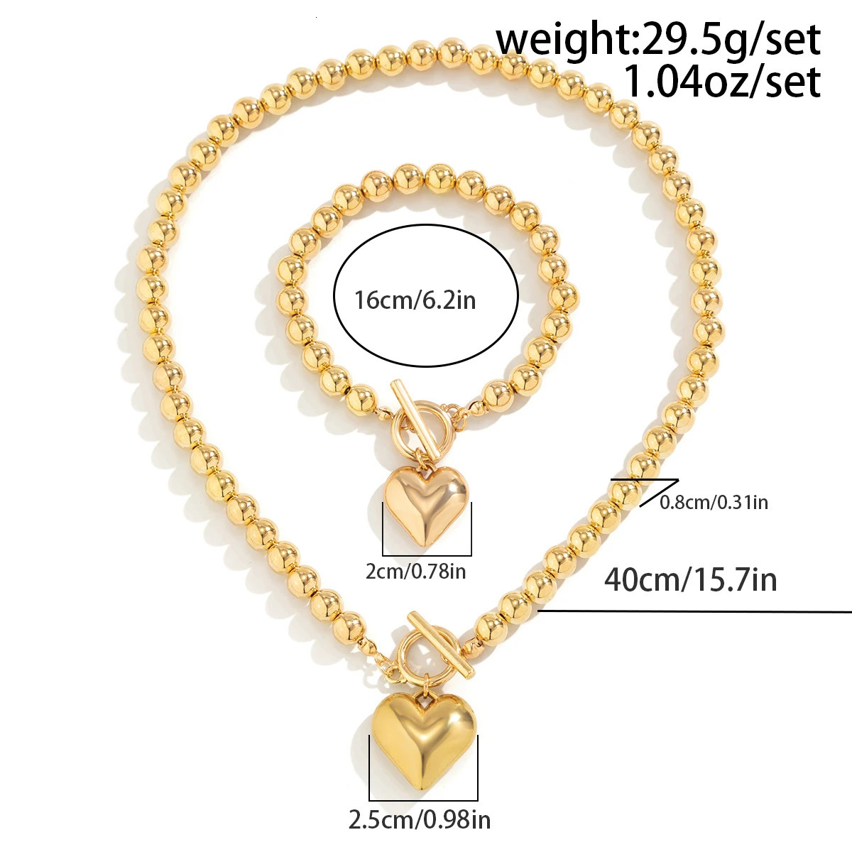 Salircon 2Pcs Simple Gold Color Ball Bead Chain Necklace Punk Hollow Heart Pendant Buckle Womens Banquet Set Jewelry 241106