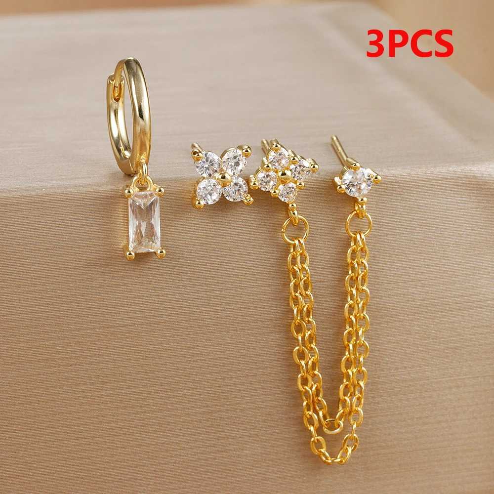 3-piece fashionable double hole earring chain crystal earring set used for square pendant perforated ring earrings perforated jewelry X241106