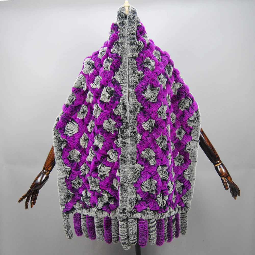 190 * 36cm Winter Knitted True Rex Rabbit Fur Scarf Wide Pocket Womens Natural Rabbit Fur Tassel Shawl Warm Long Fur Scarf 241106