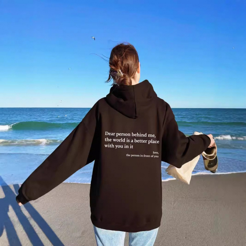 New designer women's plush sweater with lettering slogan, kangaroo pocket, drawstring printed hoodie, oversized trendy long sleeved shirt